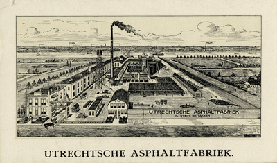 38154 Overzicht van de fabrieksgebouwen van de Utrechtse Asfaltfabriek v/h Stein en Takken (Gansstraat 132) te Utrecht.